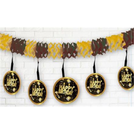 Happy Birthday Krepp Girlande gold-schwarz
