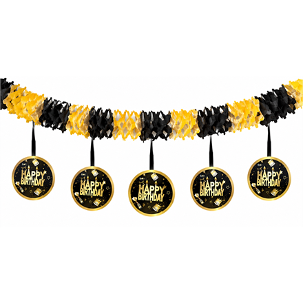Happy Birthday Krepp Girlande gold-schwarz