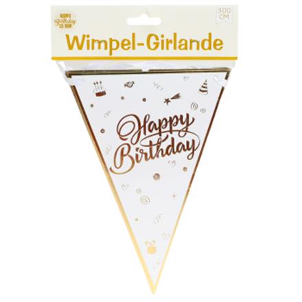 Happy Birthday Wimpel Girlande weiss-gold