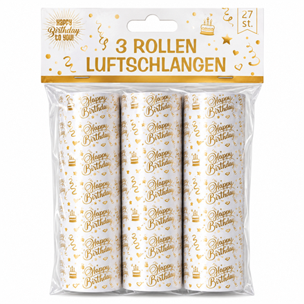 Luftschlangen Happy Birthday gold-weiss