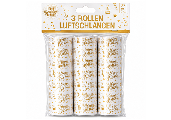 Luftschlangen Happy Birthday gold-weiss