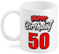 Preview: 50. Geburtstag. Als Kaffeetasse oder Teetasse geeignet. Beidseitig bedruckter Becher aus Keramik. Füllmenge: 300 ml Verpackt in einer schönen Kartonbox.​  Happy Birthday zum 50. Geburtstag. Eine Geburtstagstasse die sich für den Kaffee oder den Tee zu Hau