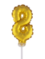 Preview: Folien Ballon Zahl 8  Cake Topper oder Kuchenstecker. Der goldene Zahlenballon wird mit einem kleinen Stäbchen. Der Plastikstab dient als Stecker um in die Torte oder sonst irgendwo zu stecken. Gleichzeitig dient der Stäbli auch als Aufblashilfe, mit dem 