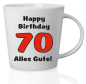 Preview: Spruch Tasse zum 70. Geburtstag mit Aufschrift: Happy Birthday Alles Gute. Das passende Geburtstagsgeschenk Liebhaber von Kaffee, Tee und Ovo. Ideal auch als Geschenk gefüllt mit Schokolade. Aus Keramik, Höhe 10 cm.