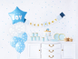 Preview: Alles für die coole Babyparty. Die Partybox mit der Dekoration für die Babyshower Party. Dekorieren sie in hellblau.  Inhalt: 1 x Girlande 1 x Folienballon Herz 5 x Gummiballone 10 x Strohhalem 20 x Servietten 6 x Partyteller 6 x Partybecher