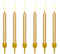 Preview: Die edlen Tortenkerzen in der Farbe GOLD. Die Kerzen sind schlank, haben eine glatte Oberfläche und passen in jede schöne Torte und Kuchen. Ideal auch als Geburtstagskerzen im Geburtstagskuchen. 6 Stück in einer Packung, inklusive Stecker, Länge: 6 cm
