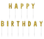 Preview: Der Schriftzug HAPPY BIRTHDAY als Geburtstagskerzen für auf den Kuchen oder die Torte. Jeder Buchstabe ist eine Kerze, inklusive Stecker. Diese Kuchenkerzen sind ein Bestseller in unserem Sortiment. Höhe der Tortenkerzen: ca. 2,5 cm. Farbe: gold