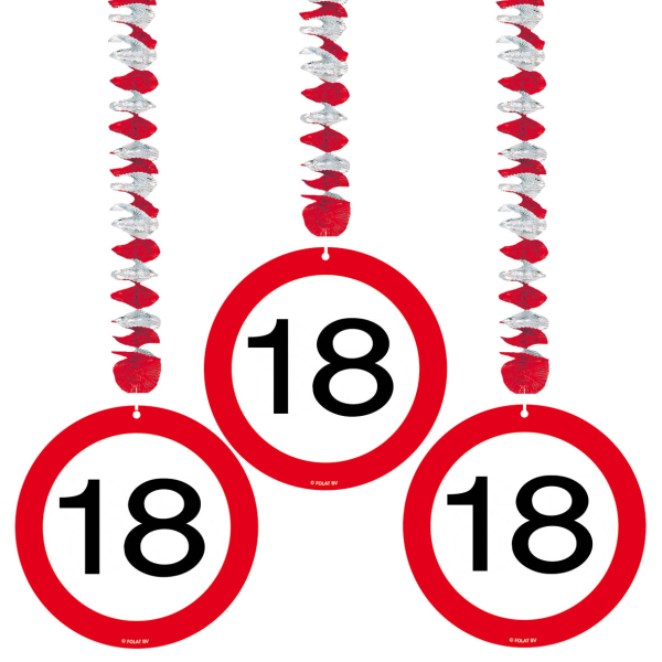 Hänge Dekoration zum 18. Geburtstag. Auch geeignet für ein 18 Jahr Jubiläum, also zur Volljährigkeit. Endlich erwachsen. Mit Spirale aus feinem Aluminium Papier und einer Verkehrstafel aus Karton. Die Deko kann ganz einfach von der Decke runter gehängt we