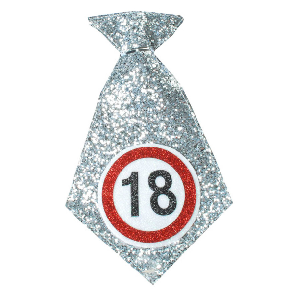 Die kleine Krawatte zum 18. Geburtstag. Der Schlips glitzert in Silber. Dazu das beliebte Verkehrsschild mit der Zahl 18 zum runden Geburtstag. Die Krawatte kann als Verkleidung selbst angezogen werden oder um eine Flasche gehängt werden. Eine schöne Deko