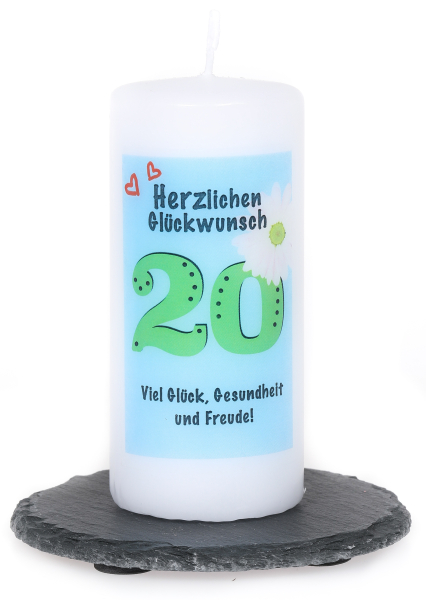 Herzlichen Glückwunsch. Die Stumpenkerze zum 20. Geburtstag. Happy Birthday. Eine schöne runde Kerze für das Geburtstagskind. Auf der Rundkerze ist bedruckt mit einem schönen Spruch. Erhältlich mit verschiedenen Zahlen. Ein Geschenk, dass sie Frauen und M