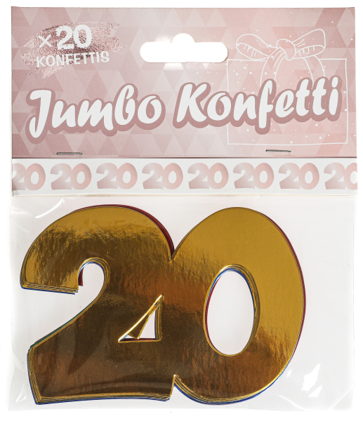 Die grossen Jumbo Konfetti zum 20. Geburtstag. Im Beutel hat es 20 Schriftzüge mit der Zahl 20, verschiedene Farben. Material ist metallisiert glänzender Karton. Die grossen Streukonfetti können als Tischdekoration, als Dekoration für ein Paket oder auch 