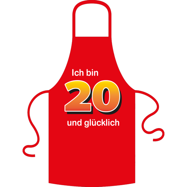 Die Kochschürze zum 20. Geburtstag. Die Küchenschürze mit dem Spruch: ICH BIN 20…  Der Spruch unter der Zahl 20 kann aus verschiedenen Sprüchen ausgewählt werden. So wird die Schürze individuell für Frauen und Männer angepasst. Ein schönes Geschenk zum ru