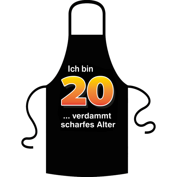 Die Kochschürze zum 20. Geburtstag. Die Küchenschürze mit dem Spruch: ICH BIN 20…  Der Spruch unter der Zahl 20 kann aus verschiedenen Sprüchen ausgewählt werden. So wird die Schürze individuell für Frauen und Männer angepasst. Ein schönes Geschenk zum ru