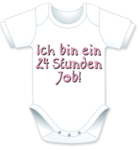 Kurzarm Babybody mit dem Spruch: Ich bin ein 24 Stunden Job. Die grosse Show der herzigen Babybodies. Die Strampler mit den lustigen Sprüchen. Das finden nicht nur die Kleinkinder lustig, sondern vor allem auch die Erwachsenen haben an diesem Geschen