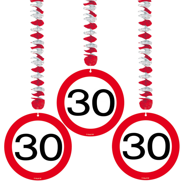 Hänge Dekoration zum 30. Geburtstag. Auch geeignet für ein 30 Jahr Jubiläum. Mit Spirale aus feinem Aluminium Papier und einer Verkehrstafel aus Karton. Die Deko kann ganz einfach von der Decke runter gehängt werden. Das runde rot-weisse Tempolimit Schild