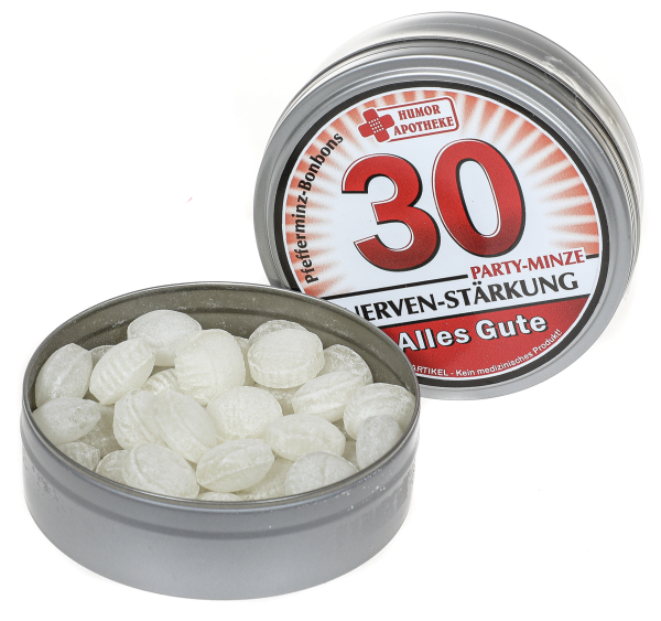 30 Jahre, Happy Birthday! Alles Gute zum Geburtstag. Mit dem Spruch PARTY-MINZE, NERVEN STÄRKUNG. Die erfrischenden Pfefferminz Bonbons in der runden Dose sind ein Produkt aus der bekannten Humor Apotheke. Ein lustiges und witziges Geburtstags Geschenk fü