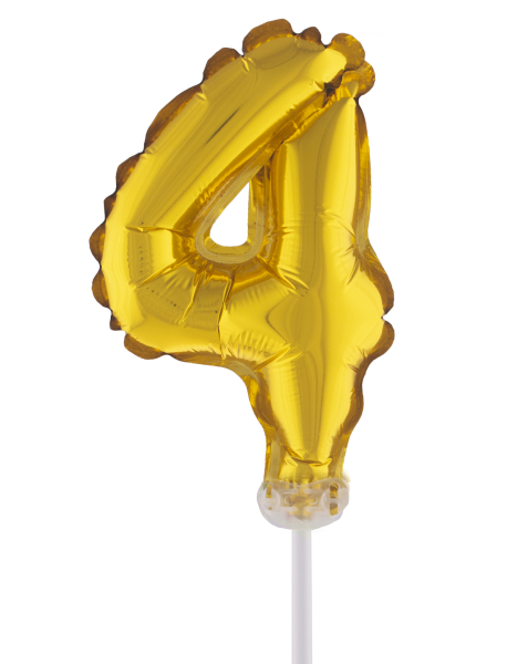 Folien Ballon Zahl 4  Cake Topper oder Kuchenstecker. Der goldene Zahlenballon wird mit einem kleinen Stäbchen. Der Plastikstab dient als Stecker um in die Torte oder sonst irgendwo zu stecken. Gleichzeitig dient der Stäbli auch als Aufblashilfe, mit dem 