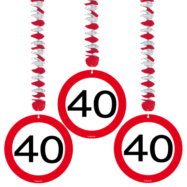 Hänge Dekoration zum 40. Geburtstag. Auch geeignet für ein 40 Jahr Jubiläum. Mit Spirale aus feinem Aluminium Papier und einer Verkehrstafel aus Karton. Die Deko kann ganz einfach von der Decke runter gehängt werden. Das runde rot-weisse Tempolimit Schild