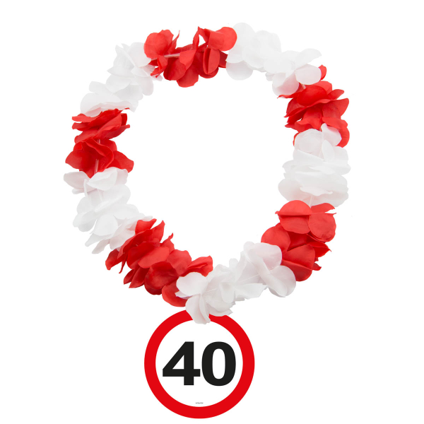 40. Geburtstag Verkehrsschild Verkehrstafel Kette. Die üppige Hawaiikette mit roten und weissen Blumenblättern. Die Jubiläumszahl steht auf einem runden Kartonschild-Anhänger, die unter dem Blüten-Kranz hängt. Die Kette hat eine Einheitsgrösse. Ob zur Fas