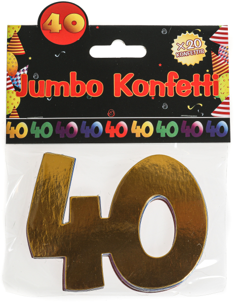 Die grossen Jumbo Konfetti zum 40. Geburtstag. Im Beutel hat es 20 Schriftzüge mit der Zahl 40, verschiedene Farben. Material ist metallisiert glänzender Karton. Die grossen Streukonfetti können als Tischdekoration, als Dekoration für ein Paket oder auch 