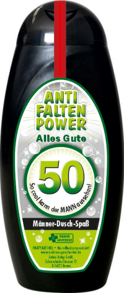 Anti Falten Power. Alles Gute zum 50. Geburtstag. Damit kann sich der Mann unter der Dusche einseifen. Die Shampoo Flasche ist einem lustigen Spruch bedruckt. Ideal als witziges Geschenk für Männer zum Geburtstag mit der Zahl 50. Aroma Duschgel in einer F