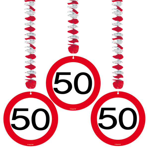 Hänge Dekoration zum 50. Geburtstag. Auch geeignet für ein 50 Jahr Jubiläum. Mit Spirale aus feinem Aluminium Papier und einer Verkehrstafel aus Karton. Die Deko kann ganz einfach von der Decke runter gehängt werden. Das runde rot-weisse Tempolimit Schild