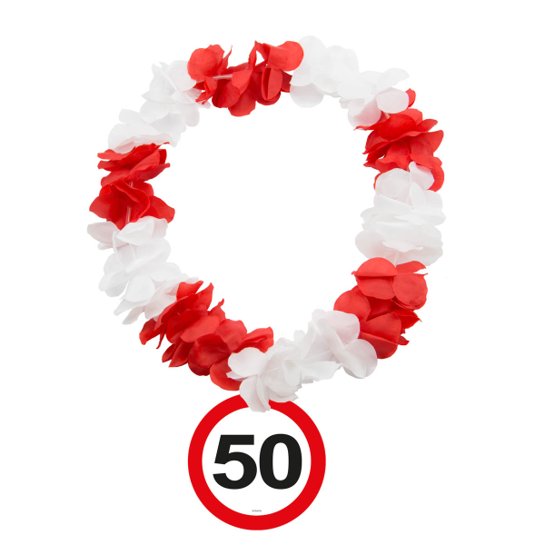 50. Geburtstag Verkehrsschild Verkehrstafel Kette. Die üppige Hawaiikette mit roten und weissen Blumenblättern. Die Jubiläumszahl steht auf einem runden Kartonschild-Anhänger, die unter dem Blüten-Kranz hängt. Die Kette hat eine Einheitsgrösse. Ob zur Fas