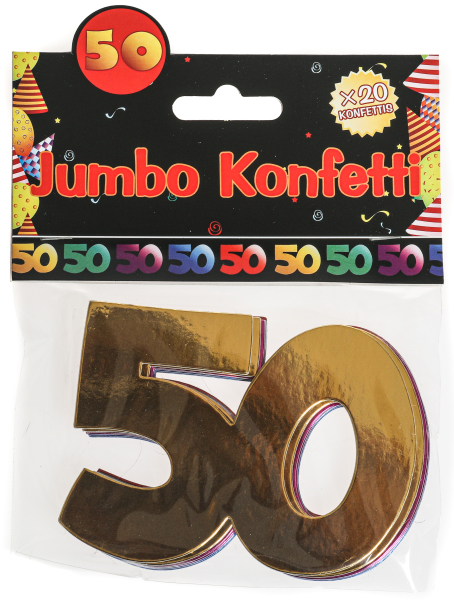 Die grossen Jumbo Konfetti zum 50. Geburtstag. Im Beutel hat es 20 Schriftzüge mit der Zahl 50, verschiedene Farben. Material ist metallisiert glänzender Karton. Die grossen Streukonfetti können als Tischdekoration, als Dekoration für ein Paket oder auch 