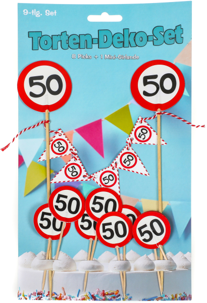 Happy Birthday, alle Gute zum 50. Geburtstag. Aus der beliebten Partydekoration Serie mit dem Verkehrsschild.  ​Mit dieser Torten Dekoration dekorieren sie jeden Kuchen. Das Set enthält eine Mini-Girlande und 8 kleine Zahnstocher-Fähnchen. Dekorieren Sie 