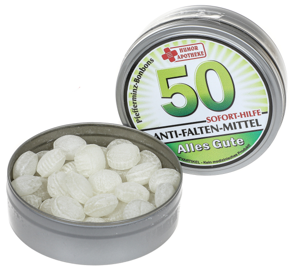 50 Jahre, Happy Birthday! Alles Gute zum Geburtstag. Mit dem Spruch SOFORT HILFE, ANTI FALTEN MITTEL. Die erfrischenden Pfefferminz Bonbons in der runden Dose sind ein Produkt aus der bekannten Humor Apotheke. Ein lustiges und witziges Geburtstags Geschen