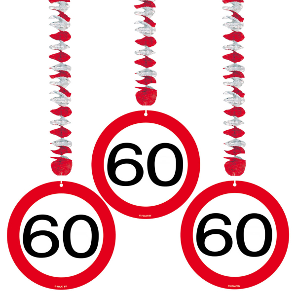 Hänge Dekoration zum 60. Geburtstag. Auch geeignet für ein 60 Jahr Jubiläum. Mit Spirale aus feinem Aluminium Papier und einer Verkehrstafel aus Karton. Die Deko kann ganz einfach von der Decke runter gehängt werden. Das runde rot-weisse Tempolimit Schild