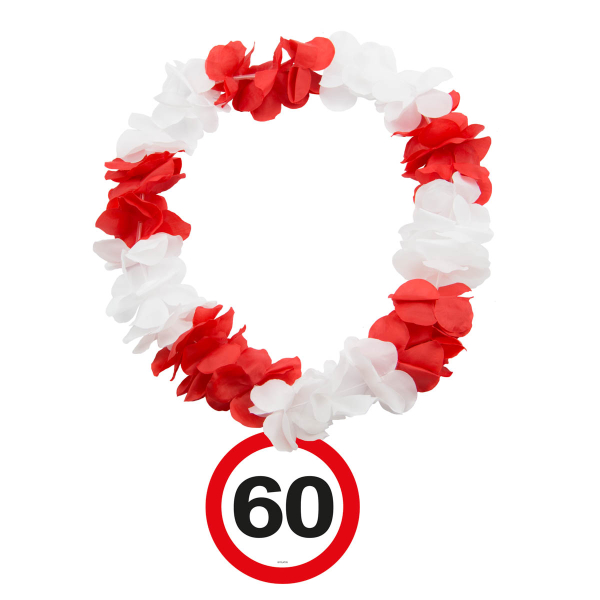 60. Geburtstag Verkehrsschild Verkehrstafel Kette. Die üppige Hawaiikette mit roten und weissen Blumenblättern. Die Jubiläumszahl steht auf einem runden Kartonschild-Anhänger, die unter dem Blüten-Kranz hängt. Die Kette hat eine Einheitsgrösse. Ob zur Fas