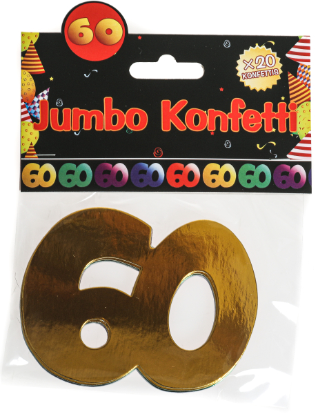 Die grossen Jumbo Konfetti zum 60. Geburtstag. Im Beutel hat es 20 Schriftzüge mit der Zahl 60, verschiedene Farben. Material ist metallisiert glänzender Karton. Die grossen Streukonfetti können als Tischdekoration, als Dekoration für ein Paket oder auch 
