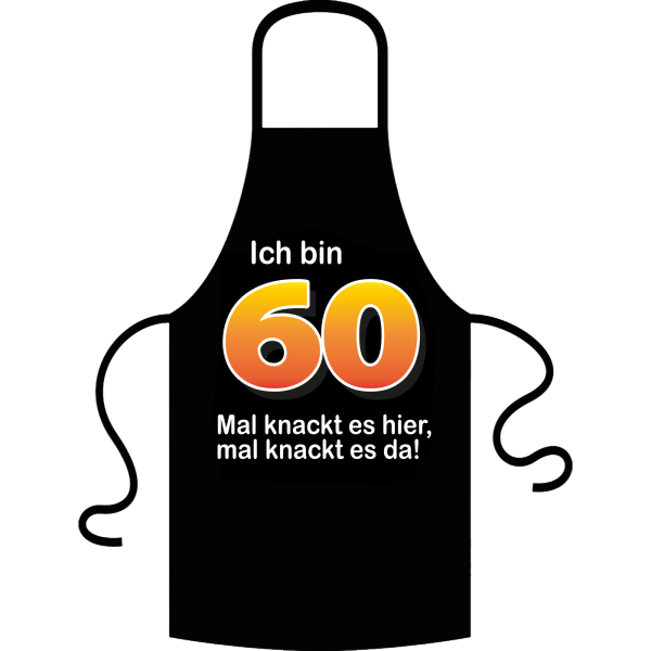 Die Kochschürze zum 60. Geburtstag. Die Küchenschürze mit dem Spruch: ICH BIN 60…  Der Spruch unter der Zahl 60 kann aus verschiedenen Sprüchen ausgewählt werden. So wird die Schürze individuell für Frauen und Männer angepasst. Ein schönes Geschenk zum ru