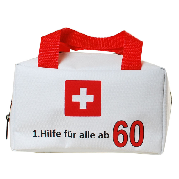 Die Notfall Tasche zum 60. Geburtstag. 1. Hilfe für alle ab 60 Jahren. Die Notfalltasche kann mit wichtigen Sachen gefüllt werden. Eine lustige Geschenkverpackung zum Füllen und Schenken. Die 1. Hilfe Tasche ist Polyester, mit Henkel und hat einem Reissve