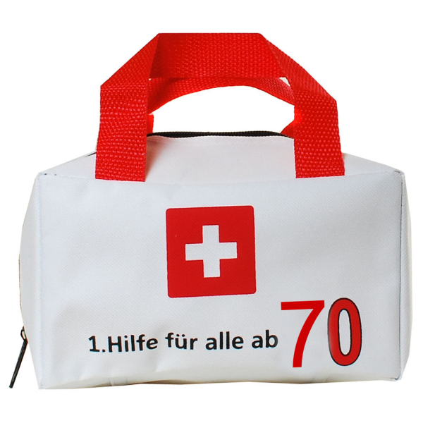 Die Notfall Tasche zum 70. Geburtstag. 1. Hilfe für alle ab 70 Jahren. Die Notfalltasche kann mit wichtigen Sachen gefüllt werden. Eine lustige Geschenkverpackung zum Füllen und Schenken. Die 1. Hilfe Tasche ist Polyester, mit Henkel und hat einem Reissve