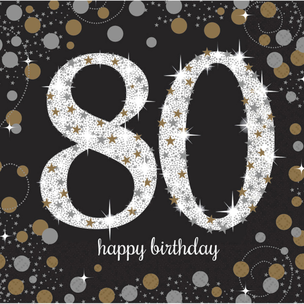 80 Jahre, Happy Birthday. Die elegante Serviette für die Geburtstagsparty zum 80. Geburtstag. Die Servietten mit der Ziffer zum runden Geburtstag. Die Ziffer steht gross in der Mitte, rundum verziert mit vielen Sternen. Eine schöne Tischdekoration zum Geb