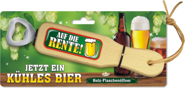 Auf die Rente – jetzt ein kühles Bier. Zur Pensionierung gibt es einen coole Öffner für den Rentner. Die Pension kann kommen!  Das lustige Männergeschenk aus Holz. Weil zu jeder Bierflasche braucht der Pensionär auch einen Öffner. Der Holz Flaschenöffner