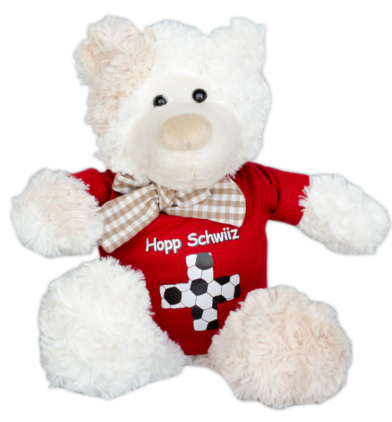 Hopp Schwiiz. Felix ist der Bestseller. Der kuschelige Plüschbär ist richtig weich. Ein tolles Geschenk für jeden Anlass. Alle Teddybären tragen eine Schleife um den Hals. Dazu ein weisse Mini T-Shirt mit einem lustigen Spruch. Das Min