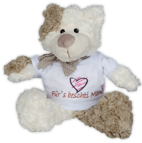 Für's beschti Mami. Felix ist der Bestseller. Der kuschelige Plüschbär ist richtig weich. Ein tolles Geschenk für jeden Anlass. Alle Teddybären tragen eine Schleife um den Hals. Dazu ein weisse Mini T-Shirt mit einem lustigen