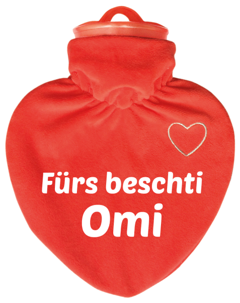 Fürs beschti Omi.   Die Herz Wärmeflasche ist ein hochwertiges Qualitätsprodukt für deine Grossmutter. Mit einem samtig-weichen Veloursüberzug (rot) 100 % Polyester, mit einem weissen, aufgesticktem Herzli auf der Vorderseite. Dazu mit bedruckt mit einem