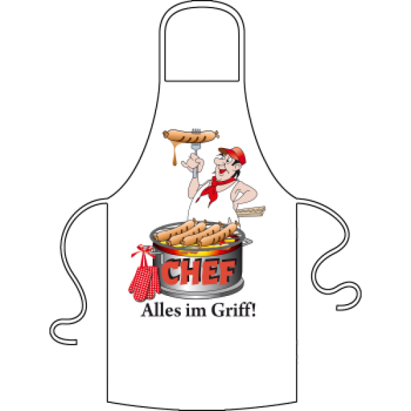 CHEF – ALLES IM GRIFF. Die Grillschürze mit dem lustigen Spruch. Wenn ein Mann grillt, dann braucht er auch die passende Schürze. Mit dieser Küchenschürze aus Baumwolle bekommt der Mann ein witziges Geschenk. Damit wird jede Wurst auf dem Grill ein Lecker