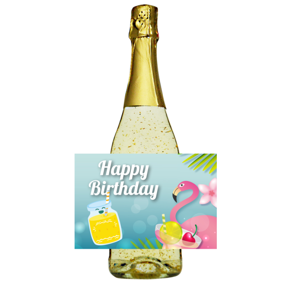 Happy Birthday. Sommer Goldsekt mit Flamingo und Ananas. Der Cüpli Prosecco für Frauen. Ein einzigartiges weinhaltiges Getränk mit einer leichten Pfirsich-Note. Der Goldsekt wird in Österreich produziert, komponiert aus den beiden