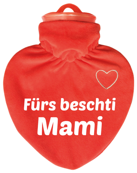 Fürs beschti Mami.   Die Herz Wärmeflasche ist ein hochwertiges Qualitätsprodukt. Mit einem samtig-weichen Veloursüberzug (rot) 100 % Polyester, mit einem weissen, aufgesticktem Herzli auf der Vorderseite. Dazu mit bedruckt mit einem lustigen Spruch. Der