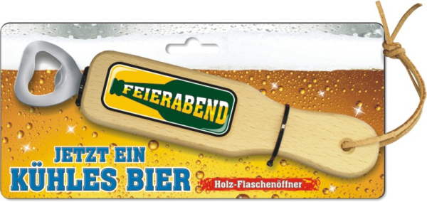 Feierabend – jetzt ein kühles Bier.  Das lustige Männergeschenk aus Holz. Weil zu jeder Bierflasche braucht der Mann auch einen Öffner. Der Holz Flaschenöffner mit dem lustigen Spruch gibt es in verschiedenen witzigen Motiven. Der Bieröffner ist auf einem