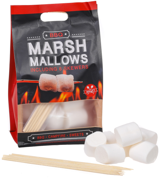 Der süsse Grillsack gefüllt mit Marschmallows und 6 Holzspiessen. Ideal für eine Grillparty. Marshmallows aufspiessen und übers Feuer halten.  Inhalt: 300 gr Grösse Grillsack: 18 x 30 cm