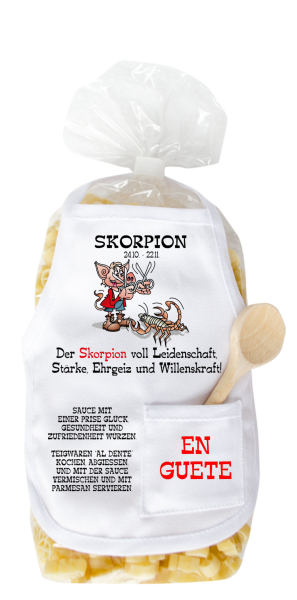 Mit dem Sternzeichen Spruch: Der Skorpion voll Leidenschaft, Stärke, Ehrgeiz und Willenskraft. Die beliebten und lustigen Schwein Teigwaren. Als Geschenk mit einer kleinen Mini-Schürze und einem herzigen Holzlöffeli. Inklusive Rezept auf Sc