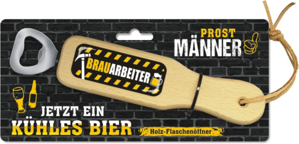 Brauarbeiter – jetzt ein kühles Bier.  Das lustige Männergeschenk aus Holz. Weil zu jeder Bierflasche braucht der Mann auch einen Öffner. Der Holz Flaschenöffner mit dem lustigen Spruch gibt es in verschiedenen witzigen Motiven. Der Bieröffner ist auf ein