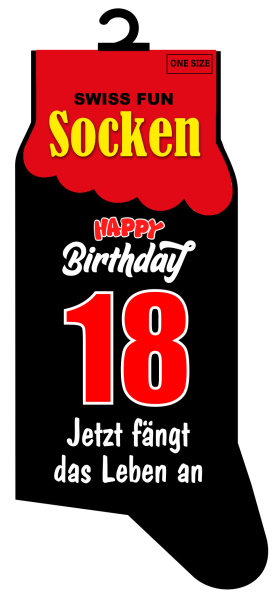 Spasssocken mit dem Spruch Mit 18 f&auml;ngt das Leben an.&nbsp;Einheitsgr&ouml;sse (41 &ndash; 46).&nbsp;Optimal als Geschenk f&uuml;r jeden Anlass.  &nbsp;