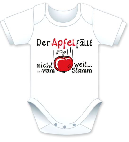 Kurzarm Babybody mit dem Spruch: Der Apfel fällt nicht weit vom Stamm. Die grosse Show der herzigen Babybodies. Die Strampler mit den lustigen Sprüchen. Das finden nicht nur die Kleinkinder lustig, sondern vor allem auch die Erwachsenen haben an